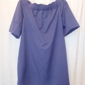 Rachel Roy Navy pinstripe off shoulder dress.